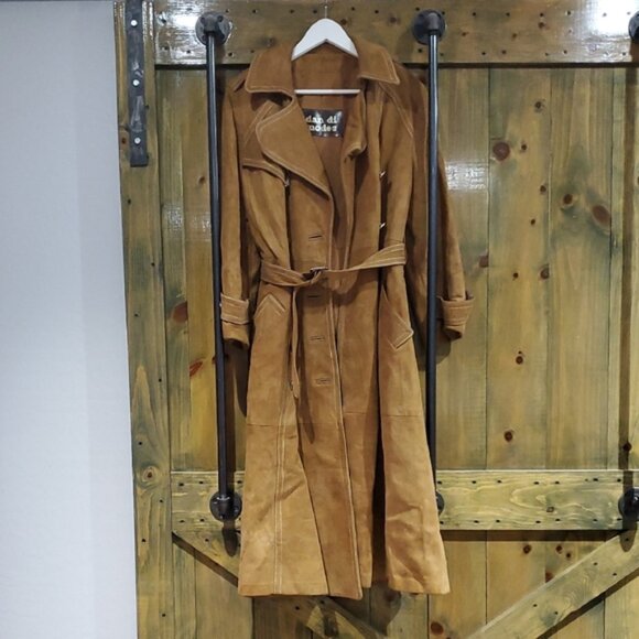 Vintage Jackets & Blazers - Vintage Tan Caramel Suede Leather Lined Trench Coat 70s 80s Dan Di Modes W Belt